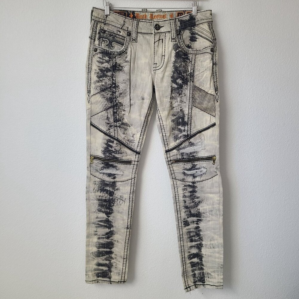 NEW Rock Revival Kesler Biker Distressed Denim Jeans Size 32x34 Gray - Picture 2 of 5